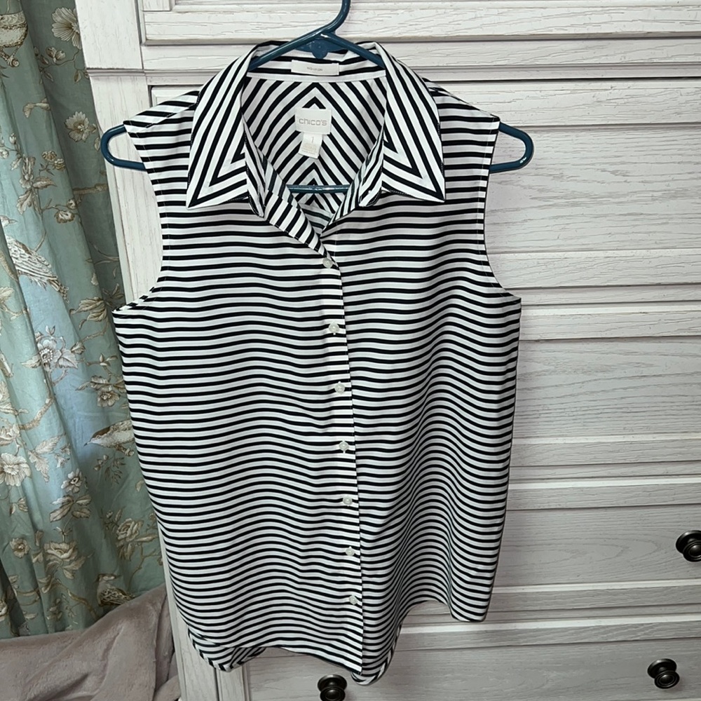 Chico’s black striped tunic sleeveless blouse, collared, Sz 1